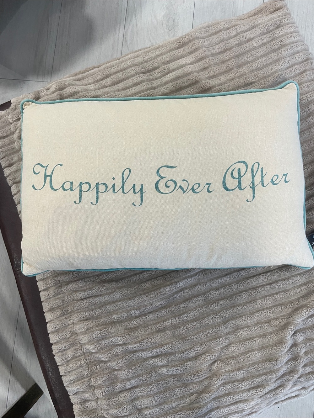 Newport "Happily Ever After" Cream Accent Pillow with Blue Script